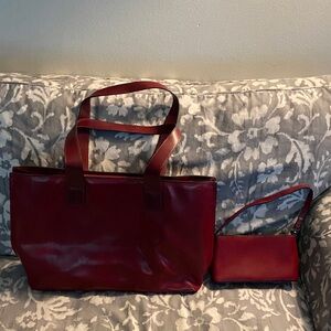 Elegant Red Leather Tote and Clutch Set